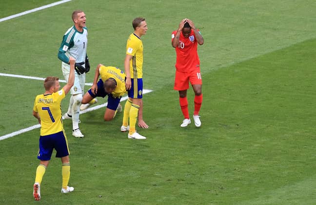 England's Raheem Sterling after missing a chance against Sweden. Credit: PA