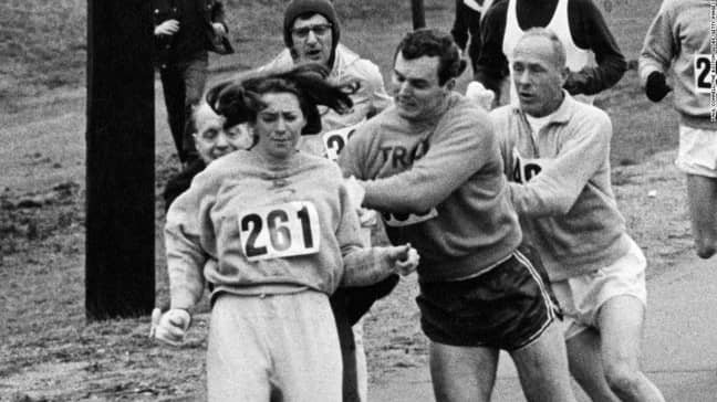 Race director Jock Semple attempts to remove Kathrine during the 1967 marathon. Credit: Boston Globe
