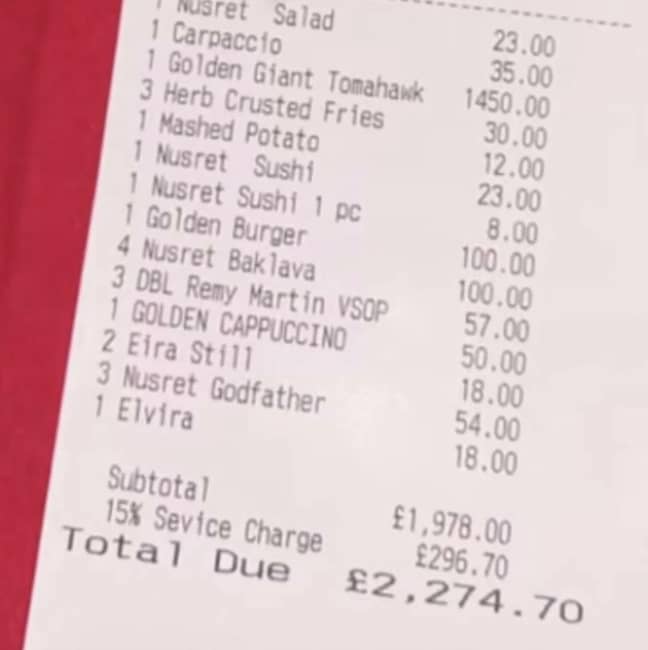 The eye-watering bill showing the £50 'Golden Cappucino'. Credit: Supplied