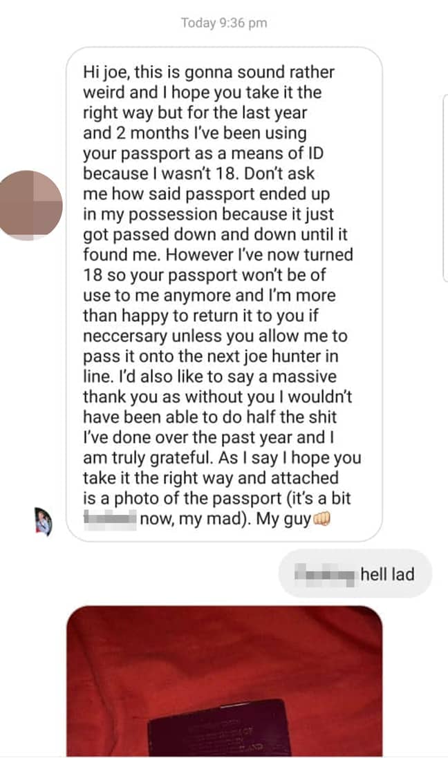 Joe received this hilarious message from the passport thief. Credit: Caters