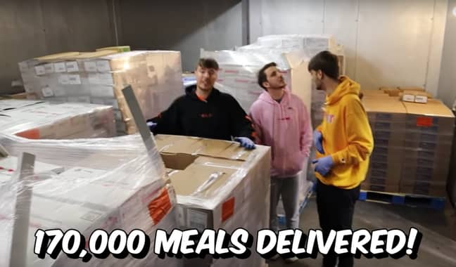 Protein is often scarce at food banks, and even more so since the covid-19 pandemic. (Credit: YouTube/Mr.Beast)