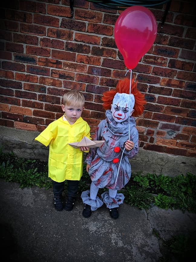 Miss Harrison's other son dressed as Georgie, who had his arm ripped off by Pennywise before being killed by the demonic clown in the first IT movie. Credit: Facebook/Amyleigh Harrison
