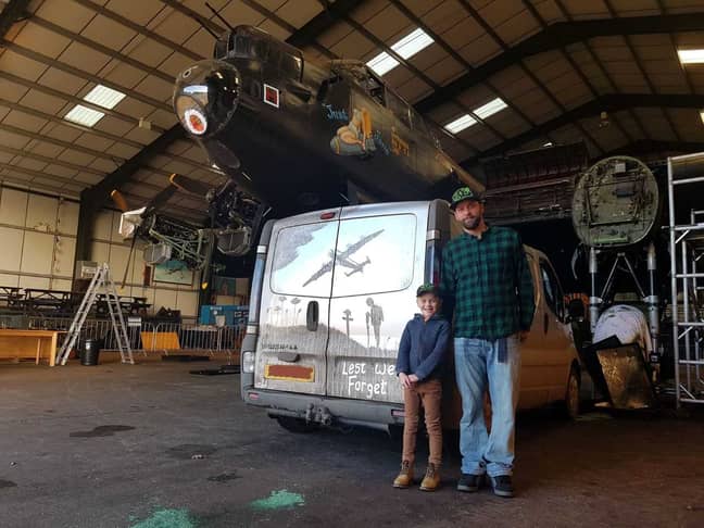 Shaun Harvey and son Zak alongside a real Lancaster Bomber. Credit: PA