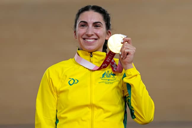 Australia's Paige Greco holds her gold medal after winning the Cycling Track Women's C1-3 3000m Individual Pursuit 