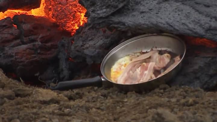 Man Cooks Bacon And Eggs On Live Volcano's Molten Lava