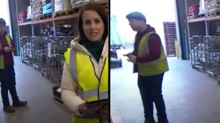 Warehouse Worker Panics As He’s Caught On Phone During Live News Broadcast