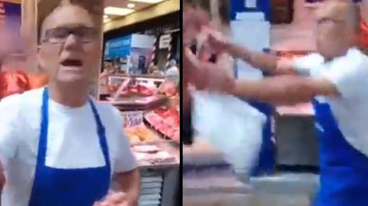 Angry Butcher Swings Raw Meat At Vegan Protesters 