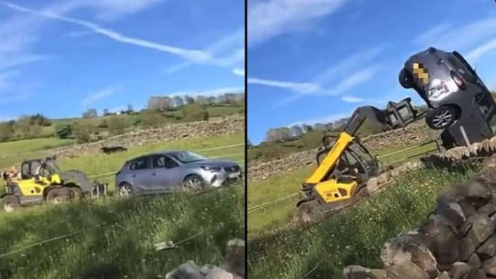 Furious Farmer Uses Tractor To Flip Car Blocking His Gate