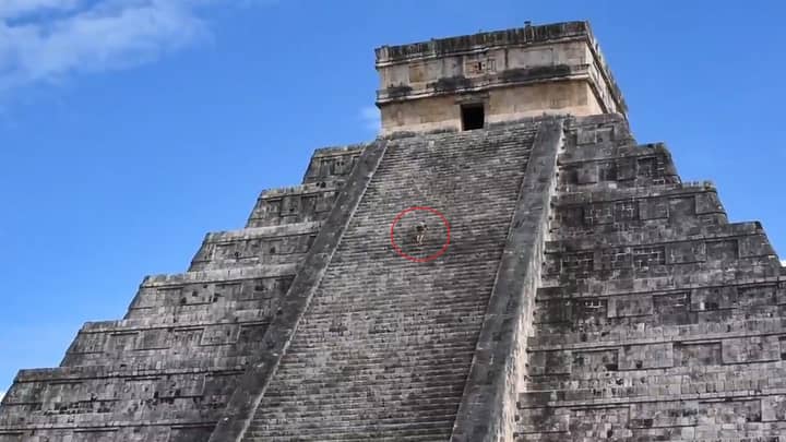 Tourist Filmed Climbing Up Ancient Mayan Pyramid In Front Of Puzzled Crowd
