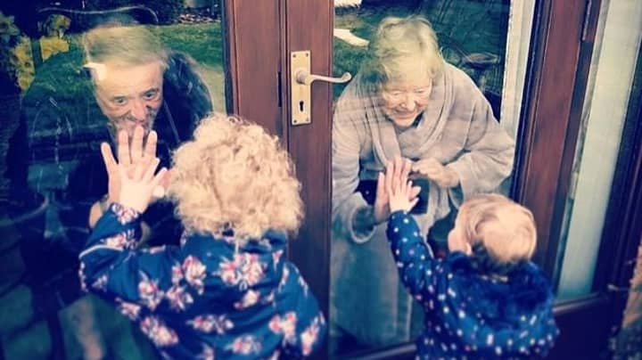 Quarantined Grandparents Embrace Their Great-Grandchildren Through Window Pane