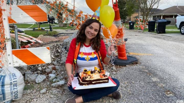 Woman Celebrates One Year Anniversary Of Road Works In Her Street