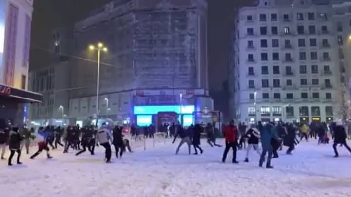Police In Madrid Break Up Huge Snowball Fight 