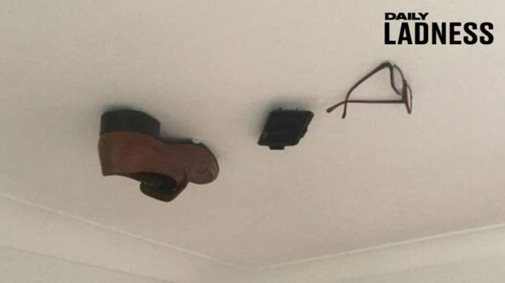 Son Glues Dad’s Stuff To The Ceiling And Adds More For Each Day He Doesn't Notice