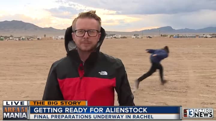 Lad Naruto Runs Past Reporter At Area 51 During Live News Broadcast